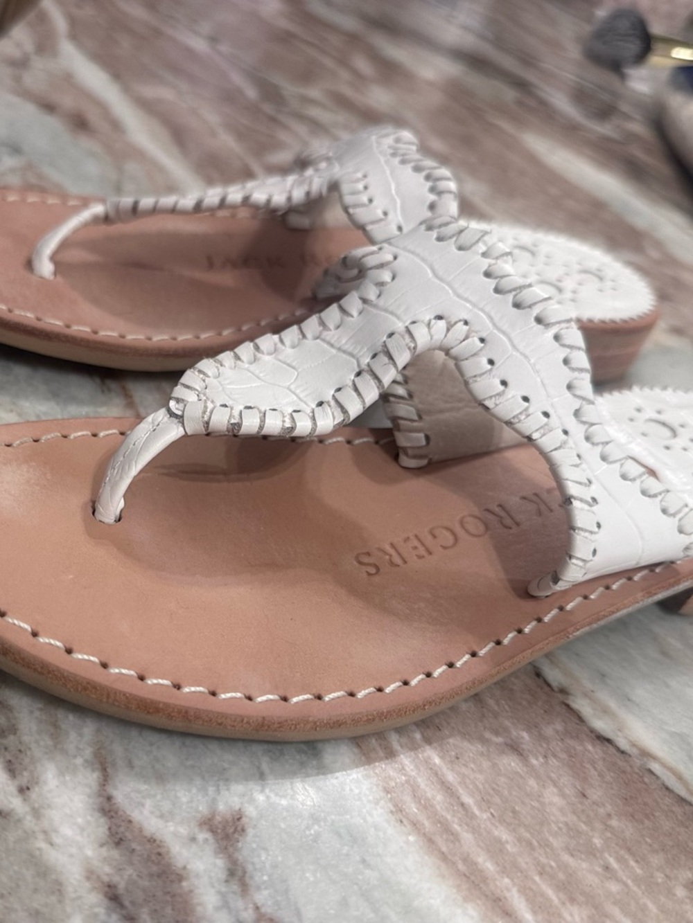 Jack Rogers White Leather Whipstitch Sandals with Pink Footbed - Picture 3 of 5